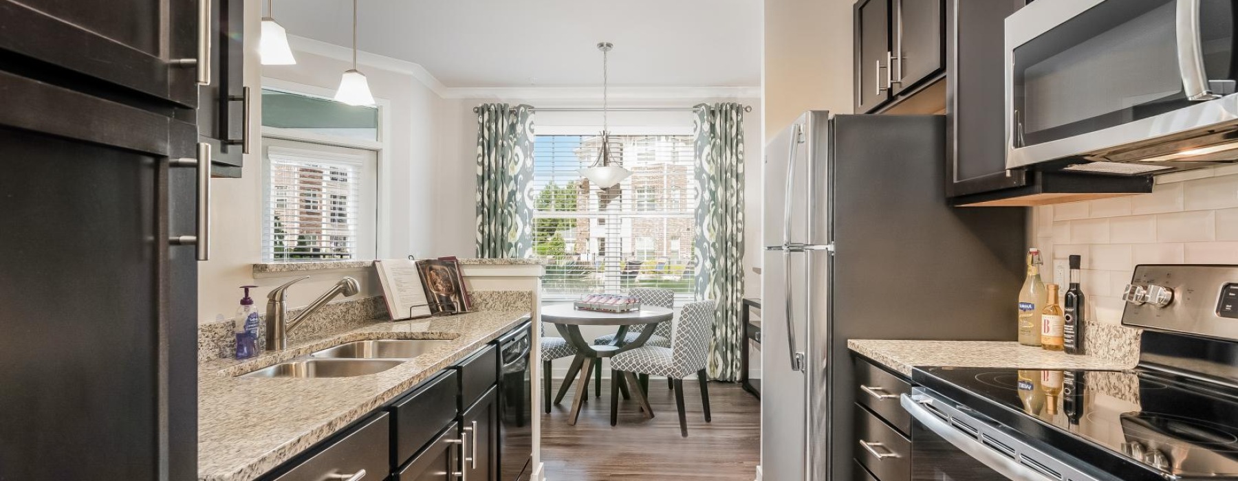 a kitchen with a large window
